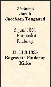 Tekstboks: GårdmandJacob  Jacobsen Tougaardf. juni 1801i Fløjlsgård FinderupD. 11.8 1853Begravet i Finderup Kirke