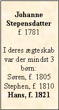Tekstboks: JohanneStepensdatterf. 1781I deres ægteskab var der mindst 3 børn:Søren, f. 1805Stephen, f. 1810Hans, f. 1821